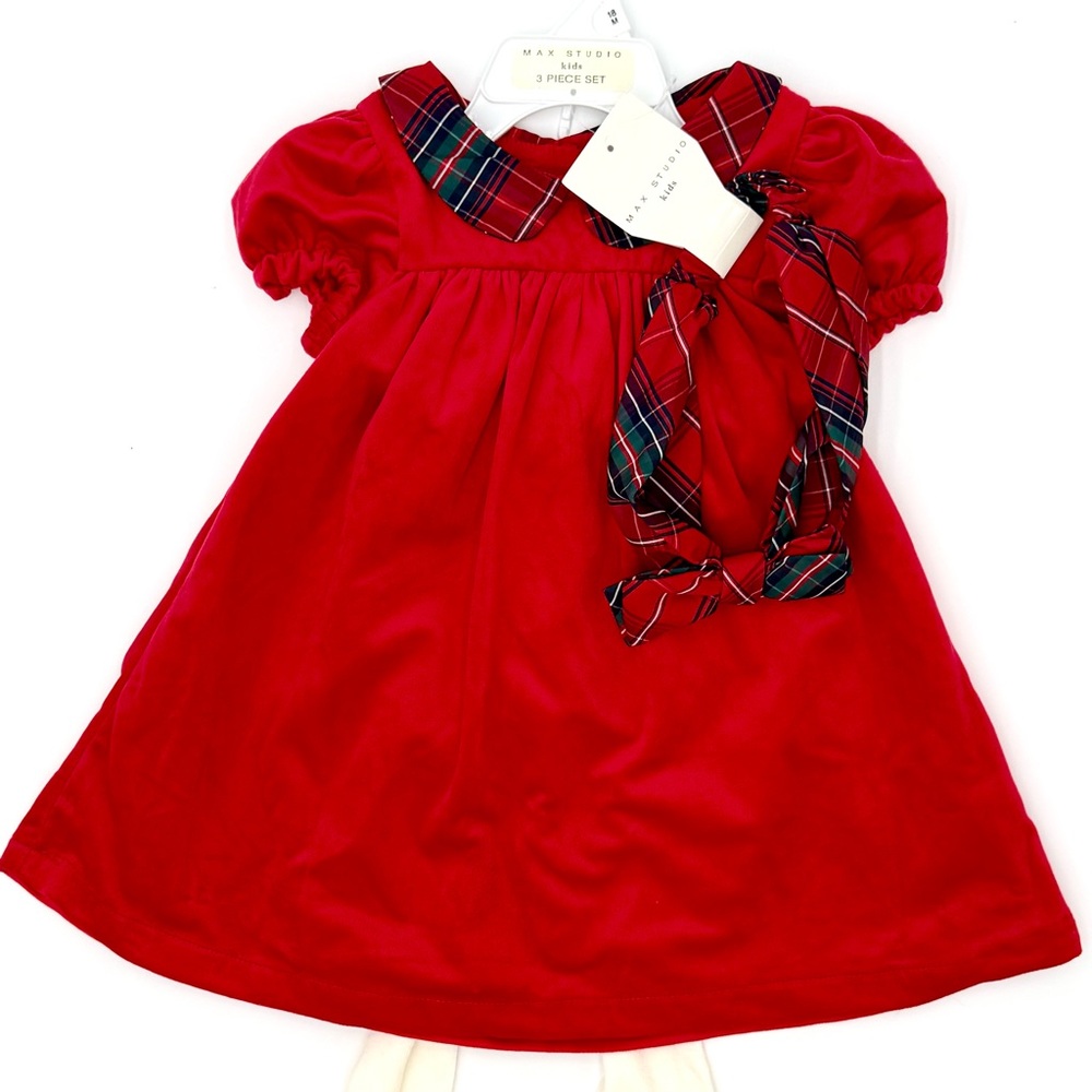 Max Studio Kids 3-Pc Red Velvety Holiday Dress/Tights/Headband Outfit NWT - Picture 7 of 9